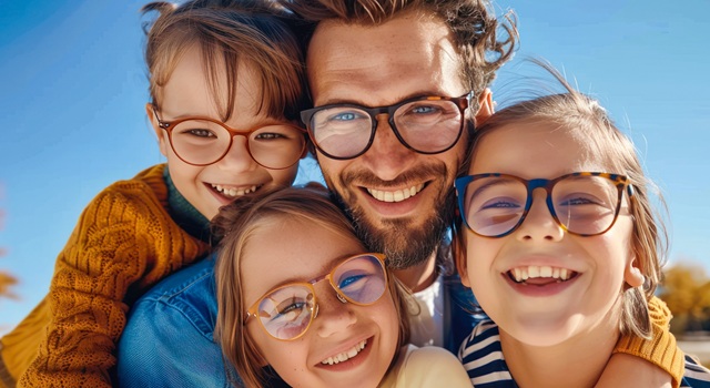 Smiling father and three daughters wearing eyeglasses in various frames